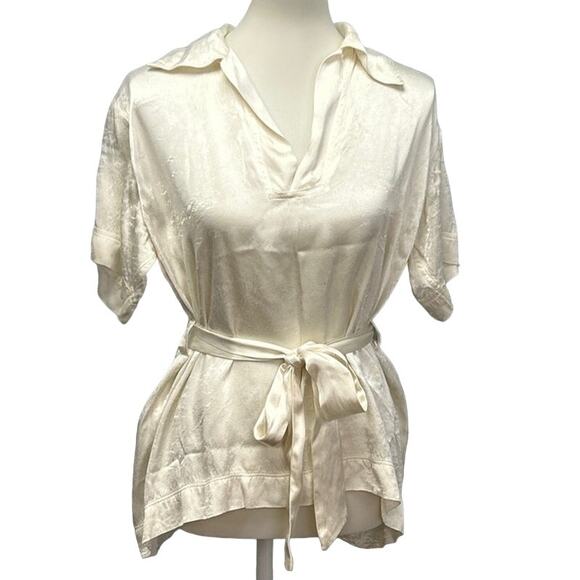 Vintage Handmade Womens Medium Silky Pullover Short Sleeve Belted Blouse Top - Picture 1 of 5